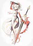 arknights braid china_dress chinese_clothes dress high_heels highres holding holding_weapon horns looking_at_viewer multicolored_hair nian_(arknights) nian_(unfettered_freedom)_(arknights) streaked_hair sweatdrop tail thurim6 violet_eyes weapon white_hair
