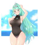  1girl adjusting_hair alternate_costume armpits bangs blush breasts closed_mouth clouds commentary commentary_request covered_navel gem green_eyes green_hair hair_ornament headpiece jewelry large_breasts leotard long_hair musubi_moni ocean one-piece_swimsuit pneuma_(xenoblade) ponytail pose shy sky smile solo standing swept_bangs swimsuit thighs tiara very_long_hair white_background xenoblade_chronicles_(series) xenoblade_chronicles_2 