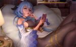  1girl airpods artist_name bangs bed bell black_bodysuit blue_hair bodystocking bodysuit breasts cellphone commentary cowbell desk_lamp detached_sleeves ganyu_(genshin_impact) genshin_impact goat_horns hand_on_own_face horns indoors kittew lamp long_hair medium_breasts phone sideboob smartphone smartphone_case solo violet_eyes white_sleeves 
