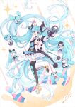  1girl 2019 :d absurdly_long_hair absurdres aqua_eyes aqua_hair argyle argyle_legwear artist_name black_footwear black_legwear bow bowtie character_doll commentary detached_sleeves diffraction_spikes dress eyebrows_behind_hair facial_mark floating_hair full_body gloves hat hatsune_miku highres holding holding_microphone leg_up long_hair looking_at_viewer magical_mirai_(vocaloid) microphone mini_hat mini_top_hat mismatched_footwear mismatched_legwear neck_ruff nishina_hima open_mouth outstretched_arm pink_bow shoulder_tattoo single_detached_sleeve sleeveless sleeveless_dress smile solo star-shaped_pupils star_(symbol) striped striped_legwear symbol-shaped_pupils tattoo thigh-highs top_hat twintails vertical-striped_legwear vertical_stripes very_long_hair vocaloid white_footwear white_gloves white_headwear white_legwear wrist_cuffs 