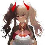  1girl absurdres bell black_hair black_jacket black_ribbon breasts cake cizzi collared_shirt curled_horns demon_horns food fruit highres holding holding_plate horns jacket long_hair looking_at_viewer medium_breasts multicolored_hair neck_ribbon open_clothes open_jacket original plate red_shirt ribbon shirt simple_background solo strawberry twintails two-tone_hair upper_body white_background white_hair 