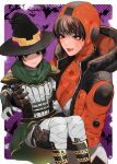  2girls apex_legends black_gloves black_hair black_headwear blue_eyes bodysuit carrying fangs gloves green_scarf hat highres holding_person hood hood_up jacket looking_down meriko_(meri_com25) multiple_girls open_hand open_mouth orange_eyes orange_jacket orange_sweater parted_lips princess_carry ribbed_sweater scarf surprised sweater wattson_(apex_legends) white_bodysuit witch_hat wraith_(apex_legends) younger 