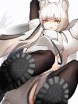  1girl absurdres animal_ears arknights arms_behind_head bangs black_legwear blurry breasts eyebrows_visible_through_hair feet highres horse_ears horse_girl looking_at_viewer medium_breasts platinum_(arknights) simple_background tab_head thigh-highs under_boob white_background white_hair yellow_eyes 