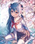  1girl absurdres aimbek black_skirt blue_eyes blue_hair cherry_blossoms garter_straps hair_between_eyes hatsune_miku highres long_hair long_sleeves open_mouth outdoors pleated_skirt school_uniform serafuku sitting skirt solo thigh-highs twintails very_long_hair vocaloid water water_drop white_legwear white_serafuku 