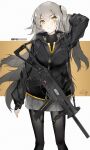  1girl adjusting_hair black_jacket black_legwear commentary_request ekuesu fingerless_gloves girls_frontline gloves grey_hair gun h&amp;k_ump highres jacket long_hair long_sleeves looking_at_viewer one_side_up pantyhose pleated_skirt scar scar_across_eye skirt solo submachine_gun suppressor ump45_(girls_frontline) weapon yellow_eyes 