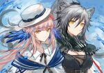  2girls animal_ears arknights cat_ears ceylon_(arknights) double_bun dress grey_background hat highres long_hair looking_at_viewer multiple_girls orange_eyes ponytail scarf schwarz_(arknights) spacelongcat white_dress 