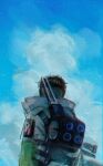  1boy apex_legends backpack bag black_hair clouds crypto_(apex_legends) from_behind green_sleeves highres husagin jacket looking_up male_focus scenery sky solo upper_body white_jacket 