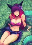  1girl absurdres ahri black_panties breasts carlos_eduardo gradient_hair hair_ornament highres large_breasts league_of_legends looking_at_viewer multicolored_hair navel panties purple_hair redhead short_hair sitting skirt smile tattoo thighs tribal_tattoo underwear yellow_eyes 