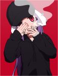  1girl bandaged_hand bandaid baseball_cap black_headwear black_hoodie bruise bruise_on_face cigarette commentary cookie_(touhou) covering_mouth earrings hand_over_eye hand_over_own_mouth hat hisui_(cookie) hood hoodie injury jewelry long_hair looking_at_viewer purple_hair red_background red_eyes reisen_udongein_inaba remmuh_(cookie) simple_background smoke smoking solo tdnbk touhou upper_body 
