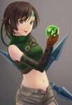  1girl bare_shoulders brown_background brown_eyes brown_hair brown_shorts commentary cowboy_shot cropped_sweater final_fantasy final_fantasy_vii final_fantasy_vii_remake fingerless_gloves gloves gradient gradient_background green_sweater headband highres holding holding_weapon huge_weapon kaeru_(csit24) looking_at_viewer materia midriff navel open_fly ribbed_sweater short_hair shorts shuriken sleeveless sleeveless_turtleneck solo sweater tongue tongue_out turtleneck turtleneck_sweater weapon yuffie_kisaragi 