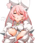  1girl arm_between_breasts between_breasts blush breasts closed_eyes dress elphelt_valentine eyebrows_visible_through_hair flower gloves guilty_gear guilty_gear_xrd hairband hat large_breasts lgori22 open_mouth pink_hair short_hair simple_background solo spikes sweatdrop upper_body white_background 
