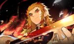  1boy absurdres black_jacket blonde_hair cape cizzi closed_mouth commentary_request highres jacket katana kimetsu_no_yaiba long_hair male_focus multicolored_hair red_eyes redhead rengoku_kyoujurou smile solo streaked_hair sword thick_eyebrows translation_request weapon white_cape 