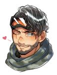  1boy apex_legends black_hair facial_hair goggles goggles_on_head green_eyes green_scarf hair_behind_ear head_only heart husagin looking_to_the_side male_focus mirage_(apex_legends) one_eye_closed scar scar_across_eye scarf smile solo stubble white_background 