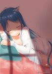  1girl :3 animal_ears bangs bed blue_hair blush breasts cat_ears cat_tail closed_eyes dress_shirt eyebrows_visible_through_hair kantai_collection long_hair long_sleeves lying mae_(maesanpicture) on_bed on_side open_clothes open_shirt panties pillow samidare_(kancolle) shade shirt sleeping small_breasts solo tail twitter_username underwear white_panties zzz 