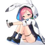  1girl animal_ears blue_eyes blush boots braid canteen crown_braid fingerless_gloves gloves highres hood hooded_jacket jacket kbn317 knees_up last_origin looking_at_viewer m-5_efreeti one-piece_swimsuit pink_hair rabbit_ears short_hair simple_background sitting solo swimsuit white_background 