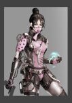  1girl apex_legends bangs black_bodysuit black_hair blue_eyes bodysuit border cable clenched_hand electricity grey_background grey_border gun hair_behind_ear hair_bun handgun highres holding holding_gun holding_weapon looking_at_viewer mask meriko_(meri_com25) mouth_mask parted_bangs pink_mask pistol solo thigh_strap weapon wraith_(apex_legends) 