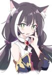  1girl animal_ear_fluff animal_ears black_hair cat_ears detached_sleeves eyebrows_visible_through_hair green_eyes ixy karyl_(princess_connect!) long_hair looking_at_viewer low_twintails multicolored_hair open_mouth princess_connect! princess_connect!_re:dive simplified_chinese_text solo streaked_hair twintails upper_body white_background 