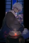  1boy bangs black_kimono cis05 cooking fate/grand_order fate_(series) food grill holding holding_food japanese_clothes kimono looking_at_viewer male_focus pot scarf sengo_muramasa_(fate) sitting sky sliding_doors smile solo star_(sky) starry_sky steam white_hair yellow_eyes 