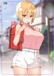  1girl backpack bag bangs bare_arms bare_shoulders battery_indicator blonde_hair blurry blurry_background bracelet breasts brown_eyes clouds commentary_request cowboy_shot crime_prevention_buzzer day depth_of_field hair_between_eyes hand_up highres holding house jewelry lamppost large_breasts looking_at_viewer nakamura_yukitoshi open_mouth original outdoors phone_screen pink_shirt randoseru road shiny shiny_hair shirt shirt_tucked_in short_hair shorts sidelocks sleeveless sleeveless_shirt solo standing street v-shaped_eyebrows white_shorts 