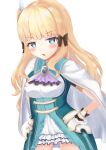  1girl bangs black_bow blonde_hair blue_eyes blush bow breasts elf eyebrows_visible_through_hair ganbariino hair_bow hair_ornament highres large_breasts long_hair looking_at_viewer open_mouth pointy_ears princess_connect! princess_connect!_re:dive saren_(princess_connect!) solo 