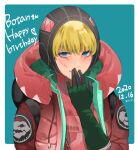  1girl alternate_color apex_legends blue_eyes blush covering_mouth dated eyeshadow gloves green_gloves hand_over_own_mouth happy_birthday heart highres hood hood_up jacket looking_at_viewer makeup meriko_(meri_com25) red_eyeshadow red_jacket red_sweater ribbed_sweater smile solo sweater upper_body wattson_(apex_legends) 