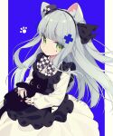  1girl aka_kan animal animal_ear_fluff animal_ears apron black_apron black_cat blue_background cat cat_ears cat_girl dress eyebrows_visible_through_hair facial_mark girls_frontline green_eyes hair_ornament hairband hat highres hk416_(girls_frontline) holding holding_animal holding_cat kemonomimi_mode long_hair long_sleeves mini_hat mini_top_hat official_alternate_costume purple_background silver_hair white_dress younger 