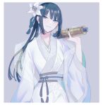  1girl bangs black_hair chinese_clothes closed_mouth earrings eyebrows_visible_through_hair fate/grand_order fate_(series) flower flower_earrings green_nails grey_background grey_eyes hair_flower hair_ornament hanfu holding holding_scroll jewelry jing_ke_(fate) kanitama_(putyourhead) long_hair looking_at_viewer nail_polish ponytail scroll side_ponytail simple_background smile solo white_flower wide_sleeves 