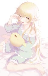  1girl absurdres amejaga bangs barefoot bed_sheet blonde_hair blue_pajamas blush eyebrows_visible_through_hair fang frills highres holding holding_stuffed_toy long_hair monogatari_(series) one_eye_closed open_mouth oshino_shinobu pajamas rubbing_eyes sitting skin_fang solo stuffed_animal stuffed_toy yellow_eyes 