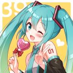  1girl 39 ;d aqua_eyes aqua_hair aqua_neckwear armpit_crease artist_name bare_shoulders blush bow collared_shirt detached_sleeves dot_nose eyebrows_visible_through_hair grey_shirt hair_between_eyes hatsune_miku heart holding long_hair long_sleeves looking_at_viewer middle_w necktie one_eye_closed open_mouth portrait red_bow shiny shiny_hair shirt shoulder_tattoo sleeveless sleeveless_shirt smile snowmi solo tattoo twintails vocaloid w wide_sleeves 
