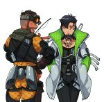  2boys annoyed apex_legends black_gloves black_hair black_pants crypto_(apex_legends) cyborg finger_gun from_behind gloves goggles goggles_on_head green_eyes green_sleeves grey_jacket hand_on_hip highres husagin jacket looking_to_the_side male_focus mirage_(apex_legends) multiple_boys open_mouth pants pointing pointing_to_the_side science_fiction smile walkie-talkie walking white_background 