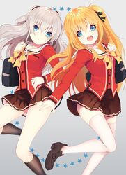  2girls :d bag bangs black_bag black_footwear black_legwear blonde_hair blue_eyes brown_skirt charlotte_(anime) closed_mouth collared_shirt eyebrows_visible_through_hair floating_hair grey_background hair_between_eyes highres kneehighs kurotea loafers long_hair long_sleeves looking_at_viewer miniskirt multiple_girls open_mouth otosaka_yuu pleated_skirt red_shirt sailor_collar sailor_shirt school_bag shiny shiny_hair shirt shoes silver_hair skirt smile thigh-highs tomori_nao very_long_hair white_legwear white_sailor_collar yellow_neckwear 