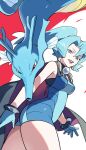  1girl armpit_peek bangs bare_arms black_cape black_choker blue_bodysuit blue_eyes blue_gloves blue_hair bodysuit breasts cape choker clair_(pokemon) cowboy_shot devanohundosi dutch_angle earrings fins from_side gen_2_pokemon gloves gym_leader hair_between_eyes hair_tie high_ponytail jewelry kingdra long_hair looking_at_viewer looking_down medium_breasts open_mouth pearl_(gemstone) pokemon pokemon_(creature) pokemon_(game) pokemon_hgss purple_cape red_background red_eyes seahorse smile teeth white_background 