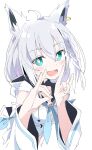  1girl :d animal_ears aqua_eyes braid detached_sleeves eyebrows_visible_through_hair fox_ears fox_girl fox_shadow_puppet hololive ixy looking_at_viewer open_mouth shirakami_fubuki simple_background single_braid smile solo teeth upper_body virtual_youtuber white_background 