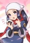  1girl absurdres black_hair blush commentary_request eyelashes female_protagonist_(pokemon_legends:_arceus) food food_on_face hands_up head_scarf highres holding holding_food looking_at_viewer onigiri open_mouth pokemon pokemon_(game) pokemon_legends:_arceus ponytail red_scarf rice rice_on_face scarf sidelocks solo taisa_(lovemokunae) teeth tongue violet_eyes white_headwear 