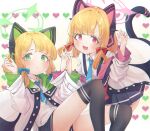  blonde_hair blue_archive blush cat_ear_headphones cat_tail commentary_request green_eyes hair_ribbon headphones jacket looking_at_viewer midori_(blue_archive) momoi_(blue_archive) necktie open_mouth ribbon sameya_(ara7569) school_uniform siblings sidelocks simple_background tail thigh-highs twintails violet_eyes 