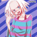  1girl blue_eyes blush collarbone commentary_request fingernails forehead freckles gym_leader hand_up head_tilt korean_text nutkingcall open_mouth outline pokemon pokemon_(game) pokemon_bw2 roxie_(pokemon) shirt solo striped striped_background striped_shirt teeth tongue tongue_out translation_request two-tone_shirt white_hair 