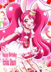 1girl ;d animal_ears blush cake_hair_ornament character_name choker collarbone cure_whip floating_hair food_themed_hair_ornament gloves hair_ornament hairband hanzou highres kirakira_precure_a_la_mode long_hair looking_at_viewer one_eye_closed open_mouth pink_hair pink_vest precure rabbit_ears red_choker red_eyes red_hairband shiny shiny_hair shirt short_sleeves skirt smile solo standing very_long_hair vest white_gloves white_shirt white_skirt 
