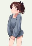  1girl absurdres alternate_costume brown_eyes brown_hair contrapposto frown grey_background grey_sweater highres hunehoura kantai_collection looking_at_viewer ponytail shikinami_(kancolle) short_hair simple_background solo standing sweater 