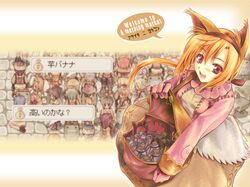  1girl :d animal_ears apple backpack bag bangs blonde_hair brown_dress brown_gloves brown_hairband brown_vest commentary_request cowboy_shot dress english_text eyebrows_visible_through_hair food fruit game_screenshot gloves hairband holding holding_bag long_hair long_sleeves looking_at_viewer merchant_(ragnarok_online) morino_kiriko open_mouth potion ragnarok_online red_eyes scroll smile solo vest white_dress 