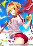  1girl ahoge blonde_hair fate/extra fate/grand_order fate_(series) flag fuyuki_(neigedhiver) green_eyes gym_uniform hairband holding holding_flag looking_at_viewer nero_claudius_(fate) nero_claudius_(fate)_(all) open_mouth playground red_hairband shirt sky solo 