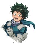  1boy bodysuit boku_no_hero_academia clenched_hand commentary_request cropped_torso elbow_gloves freckles gloves green_bodysuit green_eyes green_hair hood hood_down looking_down male_focus mask mask_around_neck mask_removed midoriya_izuku mouth_mask open_mouth shinomaru short_hair sketch smile solo spiky_hair upper_body white_gloves 