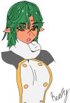 1girl bangs black_shirt breasts brown_eyes buttons curly_hair dark_skin drawing green_hair looking_at_viewer lowres open_mouth pixel_art pointy_ears scarf shirt short_hair signature solo standing tan wavy_hair 
