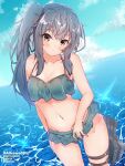  1girl artist_name bangs bikini bikini_skirt black_ribbon blue_bikini blue_sky breasts brown_eyes closed_mouth clouds cloudy_sky commentary_request day eyebrows_visible_through_hair grey_hair hair_ribbon halkawa501 head_tilt highres horizon kantai_collection kasumi_(kancolle) light_frown long_hair looking_at_viewer medium_breasts navel ocean outdoors ribbon rigging side_ponytail sidelocks sky solo standing swimsuit thigh_strap wet 