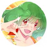  1girl :d anxflower bangs collarbone eyebrows_visible_through_hair fang floating_hair green_hair hair_between_eyes long_hair looking_at_viewer macross macross_delta open_mouth portrait ranka_lee red_eyes round_image shiny shiny_hair smile solo spaghetti_strap white_background 
