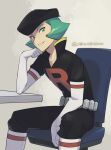 1boy belt black_headwear black_pants boots chair commentary_request elbow_gloves gloves green_eyes green_hair hat looking_at_viewer male_focus momoji_(lobolobo2010) pants parted_lips pokemon pokemon_(game) pokemon_hgss popped_collar proton_(pokemon) shiny shiny_hair short_hair sitting smile solo team_rocket white_footwear white_gloves 