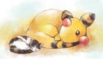  ampharos black_eyes blush cat commentary_request curled_up gen_2_pokemon looking_at_another lying no_humans on_stomach pokemon pokemon_(creature) sleeping tansho 