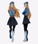  1girl beret bigskycastle black_skirt blonde_hair blue_headwear blue_shirt boots collared_shirt english_commentary floating_hair full_body hat high_heel_boots high_heels highres leggings long_hair looking_at_viewer looking_back looking_to_the_side military military_uniform multiple_views princess_zelda scowl shirt skirt the_legend_of_zelda the_legend_of_zelda:_breath_of_the_wild triforce uniform v-shaped_eyebrows white_footwear 