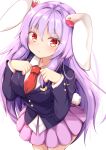  1girl :o animal_ears bangs blush breasts bright_pupils bunny_tail commentary_request cowboy_shot crescent crescent_pin eyebrows_visible_through_hair hair_between_eyes hands_on_own_chest large_breasts long_hair looking_at_viewer necktie pink_skirt pleated_skirt purple_hair rabbit_ears red_eyes red_pupils reisen_udongein_inaba rururiaru simple_background skirt solo standing tail touhou very_long_hair white_background 