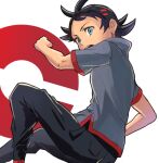  1boy ajc bangs black_hair black_pants blue_eyes commentary_request eyelashes goh_(pokemon) grey_shirt highres looking_back male_focus open_mouth pants poke_ball_symbol pokemon pokemon_(anime) pokemon_swsh_(anime) shirt short_sleeves side_slit solo teeth 