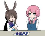  2girls :d amiya_(arknights) animal_ears apron arknights arms_behind_back blue_eyes blue_poison_(arknights) brown_hair coat cookie food kumamoto_aichi long_hair long_sleeves multiple_girls open_mouth pink_hair rabbit_ears shirt simple_background smile twintails upper_body white_background white_shirt 